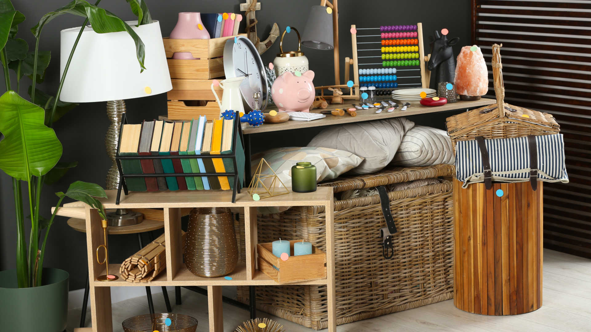 Ein Regal mit verschiedenen Alltagsgegenständen wie Büchern, Lampen, Körben, Kissen, Spielmaterial und Dekorationsobjekten